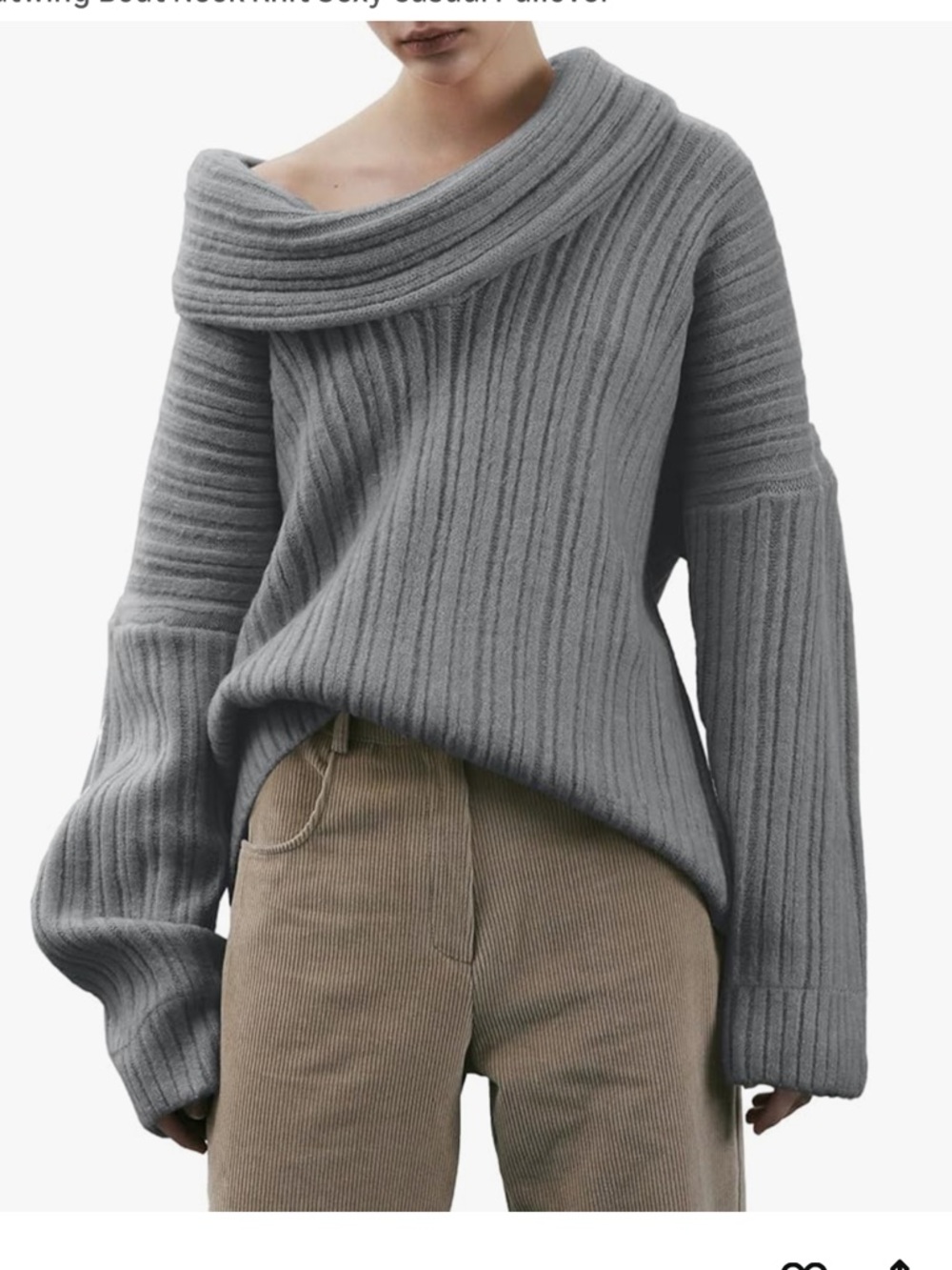 Off-Shoulder Ribbed Oversized Boatneck Gray Pullover Sweater